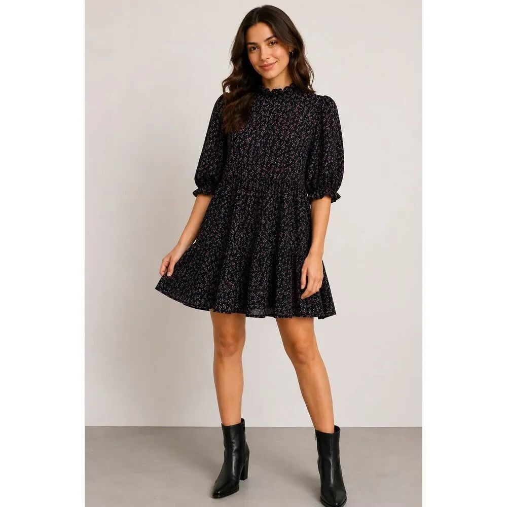 ZARA Black Floral Puff Sleeve Babydoll Mini Dress Women’s XS